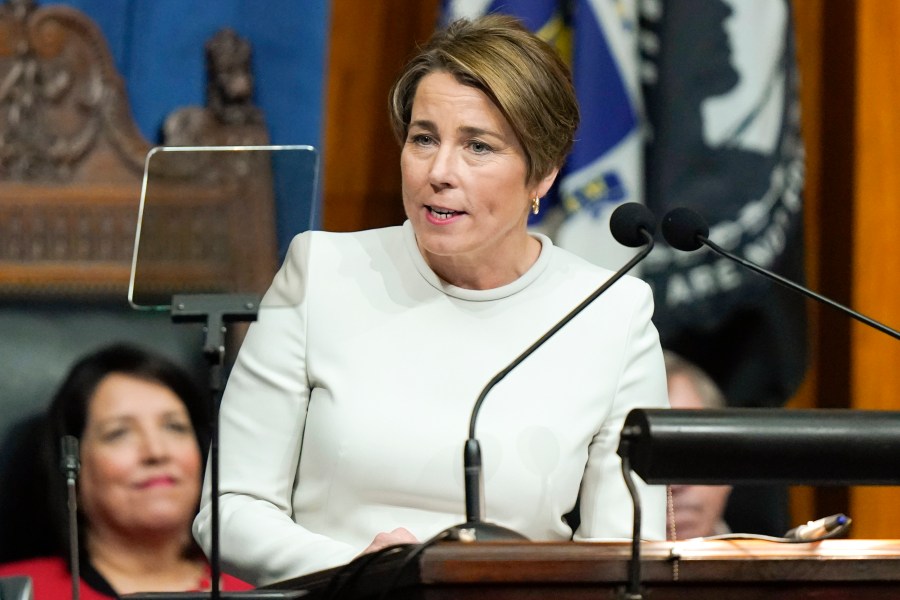 FILE - Massachusetts Gov. Maura Healey delivers her inaugural address in the House Chamber at the Statehouse moments after being sworn into office during inauguration ceremonies, Jan. 5, 2023, in Boston. On Thursday, Aug. 31, Healey activated up to 250 members of the Massachusetts National Guard to assist at shelters and hotels as the state struggles with a flood of migrants.