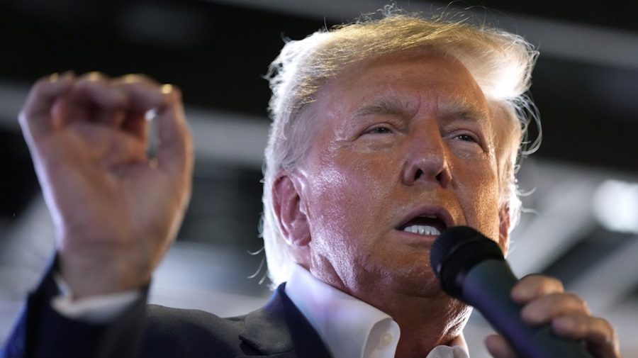 Republican presidential candidate former President Donald Trump speaks to supporters during a visit to the Iowa State Fair, Saturday, Aug. 12, 2023, in Des Moines, Iowa.