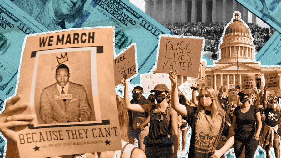 Photo illustration with a cutout of people participating in March on Washington event in 2020, with main sign reading “We march because they can’t;” the sigh has a photo of MLK in the center with a drawn-on crown. Other signs read “Black Lives Matter.” The photo cutout overlays a diagonally-styled stock photo of $100 bills, with one bill carved out with a photo of the original March on Washington, in black and white.