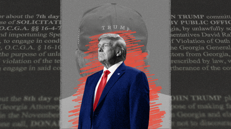 Photo illustration of Donald Trump, center, in black and white with a blue suit and red tie and red pencil marks behind him, over a gray photo of a close up of the back of Trump’s head with his “TRUMP” cap. The surrounding area is gray, with a superimposed photo of the indictment in white text instead of black.