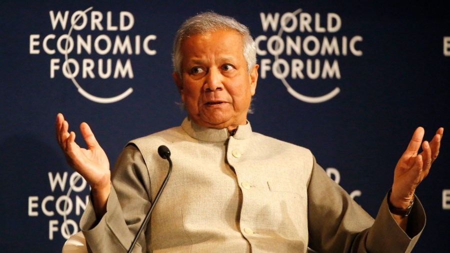 File - Nobel Peace Laureate Muhammad Yunus, Chairman of the Yunus Centre, speaks during a debate hosted by the Associated Press at the World Economic Forum in Davos, Switzerland, Thursday, Jan. 21, 2016.