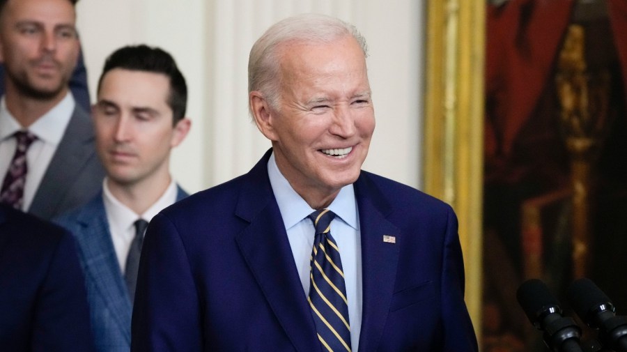 President Biden speaks during an event celebrating the 2022 World Series champion Houston Astros baseball team in the East Room of the White House, Monday, Aug. 7, 2023, in Washington.