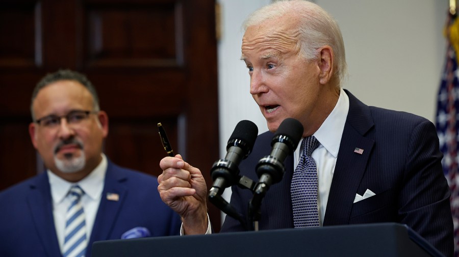 President Biden is joined by Education Secretary Miguel Cardona as he announces new actions to protect borrowers after the Supreme Court struck down his student loan forgiveness plan in the Roosevelt Room at the White House on June 30, 2023 in Washington, D.C.