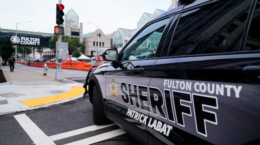 Barricades are seen near the Fulton County courthouse, Monday, Aug. 7, 2023, in Atlanta.