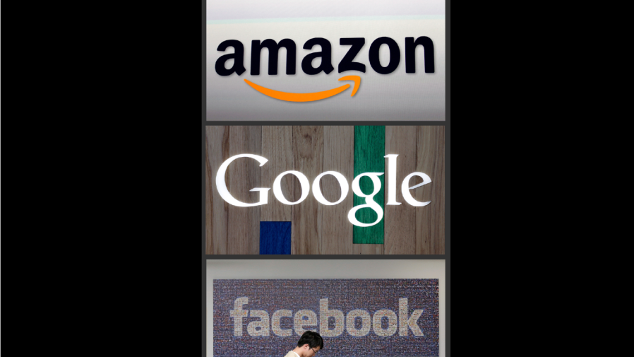 This file photo combo of images shows the Amazon, Google and Facebook logos. The U.S. Department of Justice is opening a sweeping antitrust investigation of major technology companies and whether their online platforms have hurt competition, suppressed innovation or otherwise harmed consumers. The announcement follows months of concern in Congress and elsewhere over the sway of firms like Google, Facebook and Amazon. (AP Photo/File)