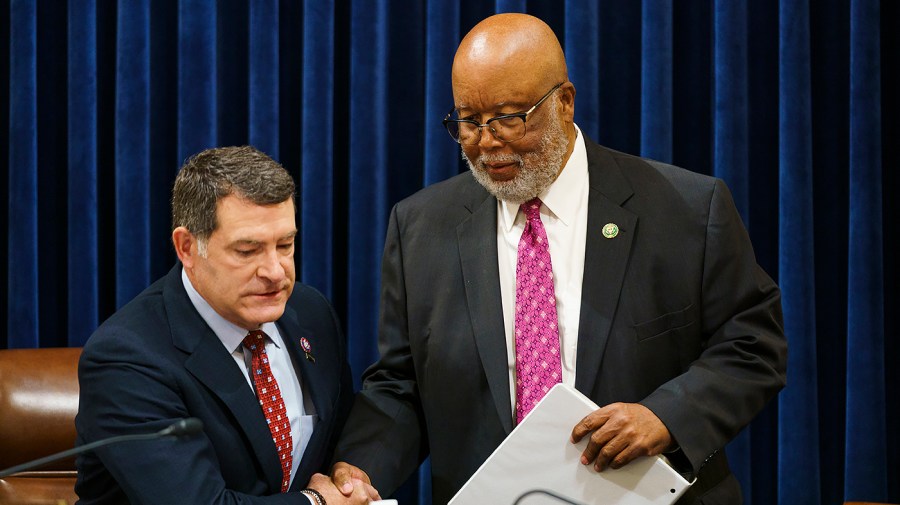 House Homeland Security Committee Chairman Mark Green (R-Tenn.) greets Rep. Bennie Thompson (D-Miss.)