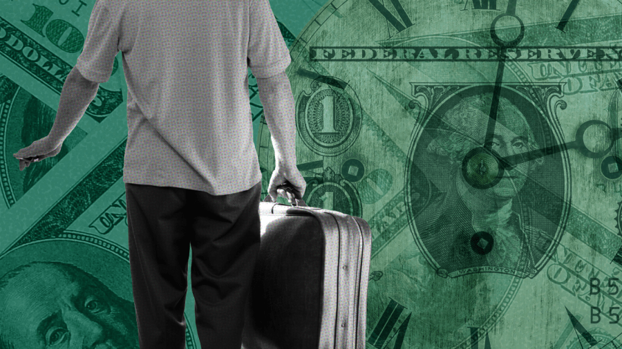 Photo illustration of a person walking with work suitcase, left side and in black and white, on a green background superimposed with US dollars and an old clock.