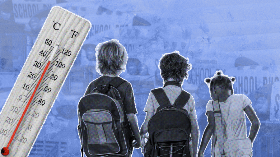 Photo illustration of thermometer, left and in black and white with a red temperature reading, with school children walking from behind, right, in black and white overlaying a light blue/dark blue painted background with a superimposed photo of school buses.