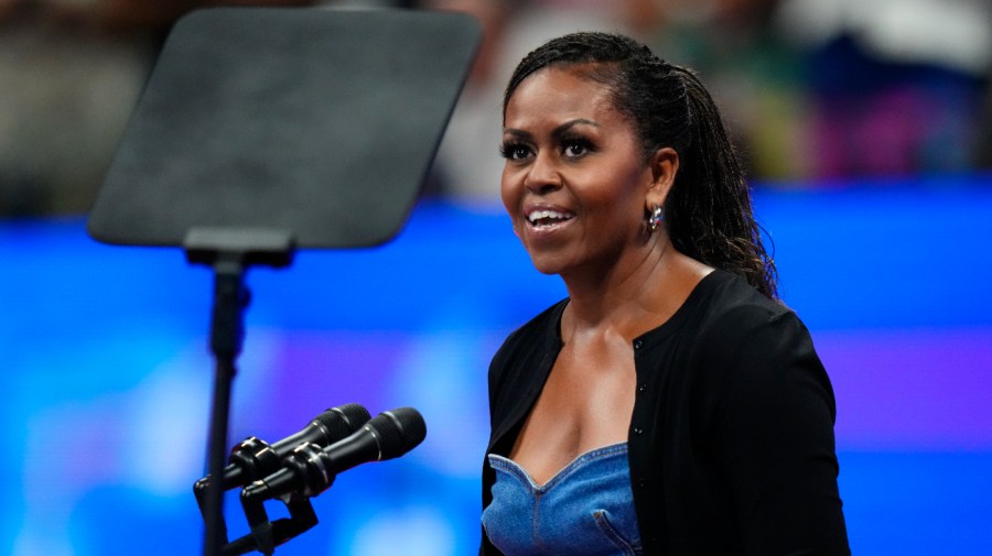 Former first lady Michelle Obama speaks at the opening ceremony of the of the U.S. Open tennis championships, Monday, Aug. 28, 2023, in New York.