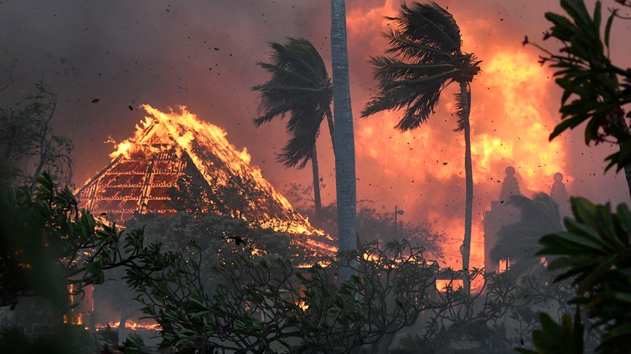 The hall of historic Waiola Church in Lahaina and nearby Lahaina Hongwanji Mission are engulfed in flames