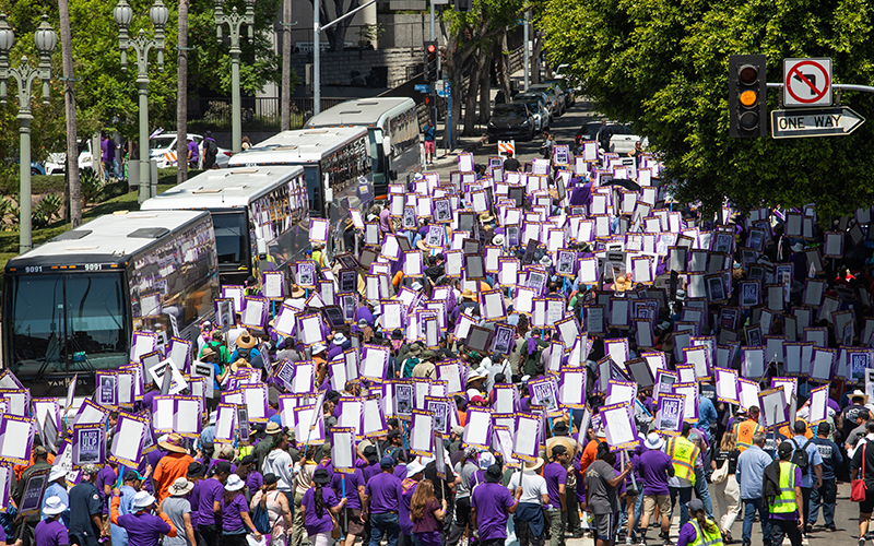 A crowd of workers wearing purple shirts and carrying signs are seen next to a row of buses and stopped cars.