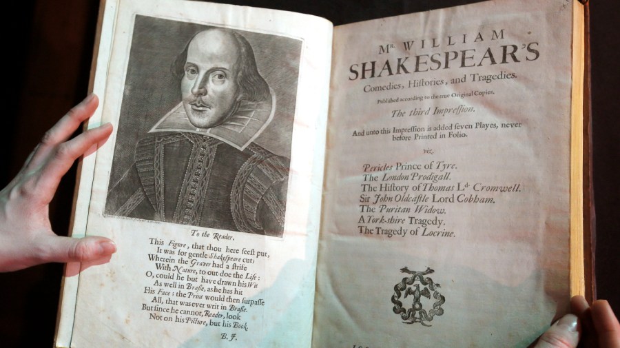 In this March 16, 2016, file photo, a portrait of William Shakespeare is seen in the Third Folio, in London.