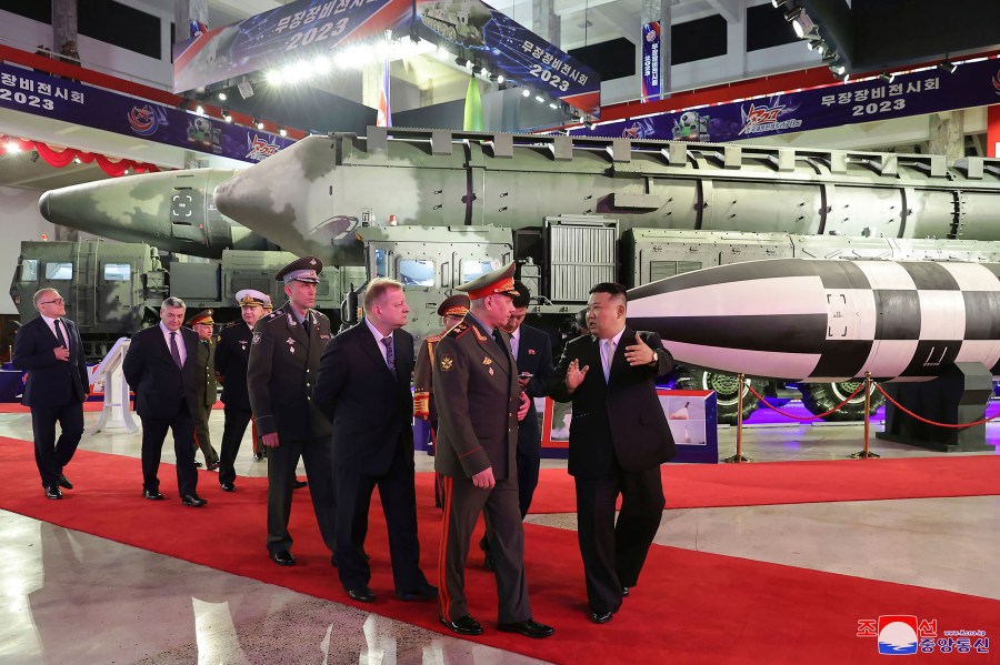 FILE - In this photo provided by the North Korean government, North Korean leader Kim Jong Un, right, with Russian delegation led by its Defense Minister Sergei Shoigu visits an arms exhibition in Pyongyang, North Korea on July 26, 2023, on the occasion of the 70th anniversary of the armistice that halted fighting in the 1950-53 Korean War. Independent journalists were not given access to cover the event depicted in this image distributed by the North Korean government. The content of this image is as provided and cannot be independently verified. Korean language watermark on image as provided by source reads: "KCNA" which is the abbreviation for Korean Central News Agency. (Korean Central News Agency/Korea News Service via AP, File)