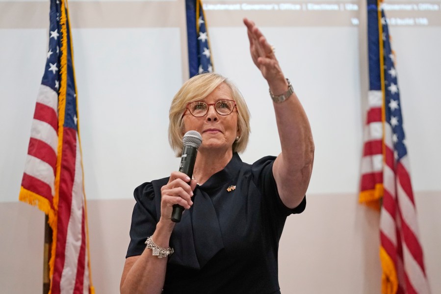 Former state lawmaker Becky Edwards speaks to supporters following an election night watch party Tuesday, Sept. 5, 2023, in Salt Lake City. Three Republicans competed in a special primary election in Utah for their party's nomination to replace U.S. Rep. Chris Stewart. Vying for the nomination are Edwards, businessman and former state party chairman Bruce Hough, and Celeste Maloy, an attorney and former aide to Stewart in Washington. (AP Photo/Rick Bowmer)