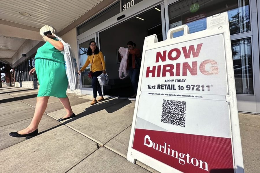 A hiring sign is displayed at a retail store in Vernon Hills, Ill., Thursday, Aug. 31, 2023. On Thursday, the Labor Department reports on the number of people who applied for unemployment benefits last week. (AP Photo/Nam Y. Huh)