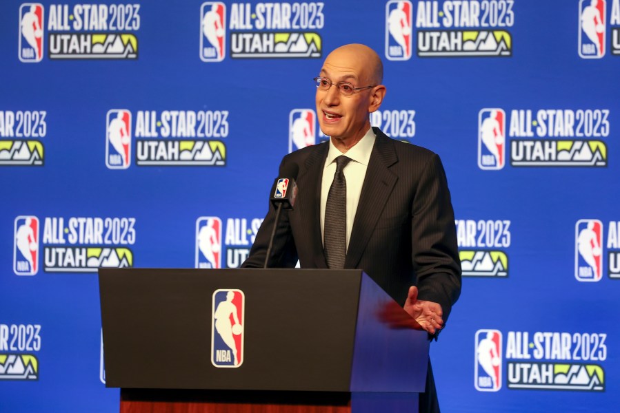 FILE - NBA Commissioner Adam Silver answers questions during the NBA basketball All-Star weekend Saturday, Feb. 18, 2023, in Salt Lake City. The NBA took steps Wednesday, Sept. 13, to try to ensure that its star players appear in more games, particularly nationally televised matchups and the in-season tournament that is being added this year. The league's board of governors approved a new player participation policy that will take effect for this upcoming season, replacing the player resting policy that was implemented prior to the 2017-18 season. (AP Photo/Rob Gray, File)