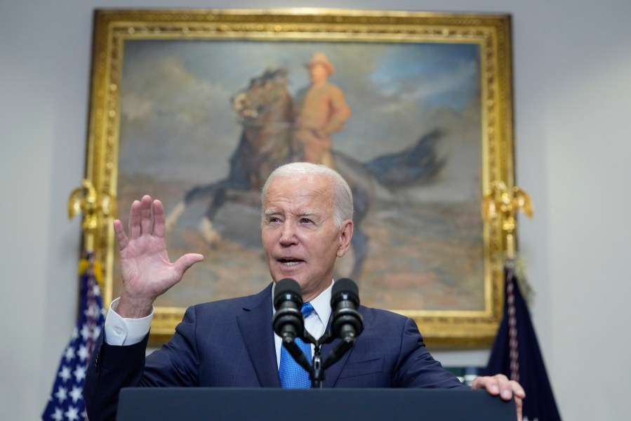 President Joe Biden speaks about the auto workers strike from the Roosevelt Room of the White House in Washington, Friday, Sept. 15, 2023. (AP Photo/Susan Walsh)