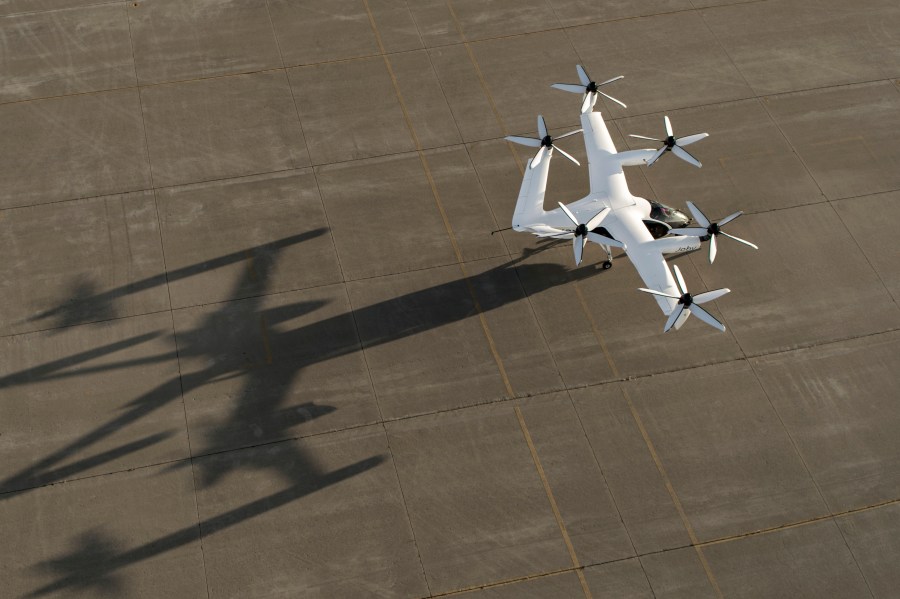 In this 2022 photo provided by Joby Aviation is Joby’s pre-production prototype aircraft at the company’s flight test facility in Marina, Calif. The same Ohio river valley where the Wright brothers pioneered human flight will soon manufacture cutting-edge electric vertical takeoff and landing aircraft. An agreement announced Monday, Sept. 18, 2023, between the state and Joby Aviation Inc. will bring air taxi production to a 140-acre site at Dayton International Airport by 2025. (Eric Adams/Joby Aviation via AP)