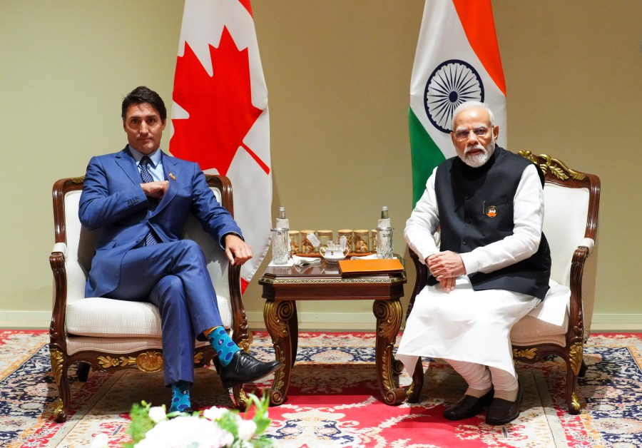 Prime Minister Justin Trudeau takes part in a bilateral meeting with Indian Prime Minister Narendra Modi during the G20 Summit in New Delhi, India on Sunday, Sept. 10, 2023. Prime Minister Justin Trudeau said that Canada wasn't looking to escalate tensions, but asked India on Tuesday, Sept. 19, to take the killing of a Sikh activist seriously after India called accusations that the Indian government may have been involved absurd.(Sean Kilpatrick/The Canadian Press via AP)