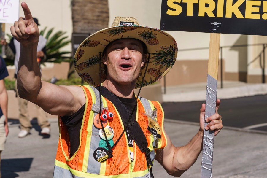 SAG-AFTRA strike Capt. and actor Brendan Bradley rallies a picket line as actors protests outside the Paramount Pictures Studio in Los Angeles, Tuesday, Sept. 26, 2023. (AP Photo/Damian Dovarganes)