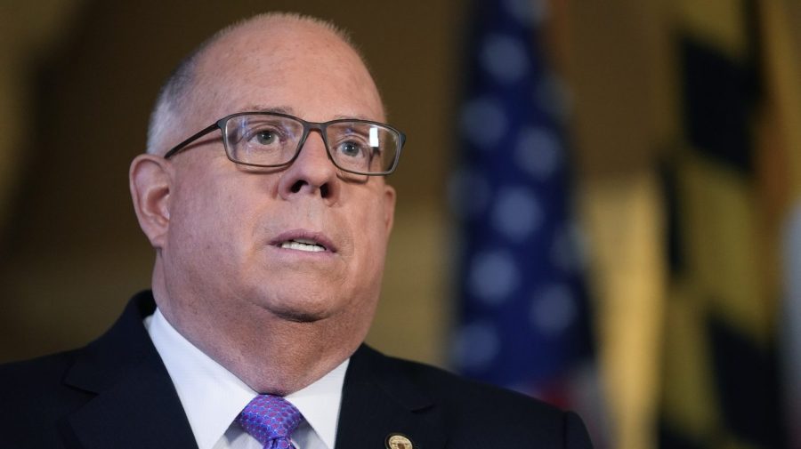 Then-Maryland Gov. Larry Hogan rehearses his farewell speech moments before reciting it over a video feed inside the old Maryland Senate chambers, Tuesday, Jan. 10, 2023, in Annapolis, Md.