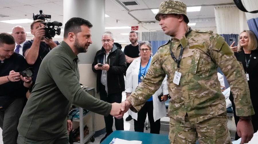 Ukrainian President Volodymyr Zelenskyy visits with wounded Ukrainian soldiers at Staten Island University Hospital, in New York, Monday, Sept. 18, 2023.