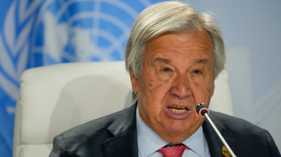 FILE - United Nations General Secretary António Guterres addresses a news conference during the BRICS summit in Johannesburg, South Africa, Thursday, Aug. 24, 2023. The United Nations chief is going globetrotting to four major meetings before the biggest meeting of all – the annual gathering of world leaders at the U.N. General Assembly starting Sept. 18.