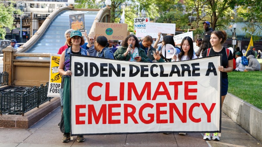 Environmental activists march during the Global Climate Strike in downtown Chicago, Illinois, on September 15, 2023. Local groups across the United States are gathering to call for an end to the era of fossil fuels.