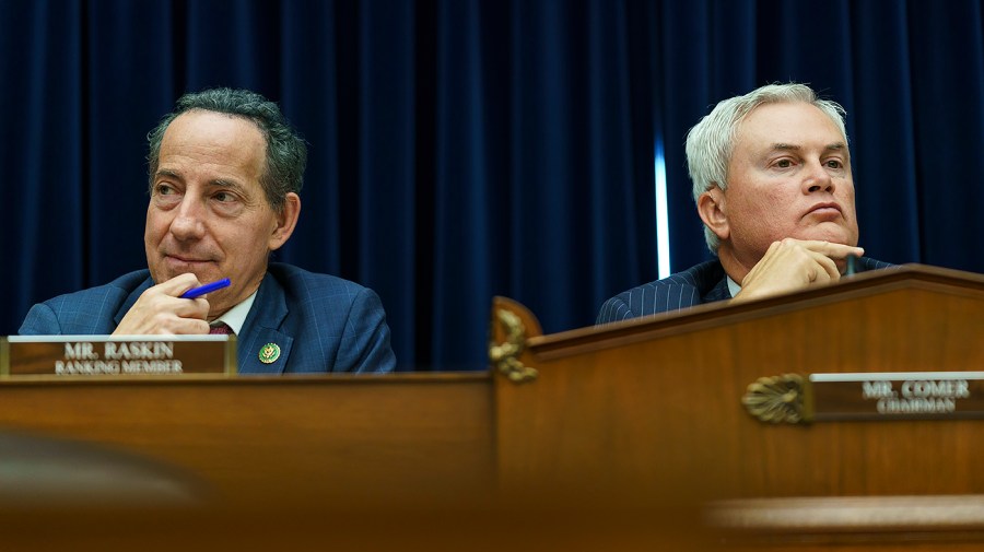 Representatives Jamie Raskin and James Comer are seen during a congressional meeting.