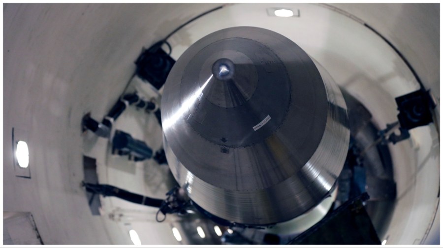 An inert Minuteman III missile is seen in a training launch tube.