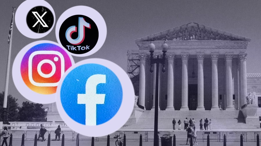 In the upper left corner are circular logos for X, TikTok, Instagram and Facebook, floating in light purple circles. In the background and to the right is a purple-tinted image of the Supreme Court.