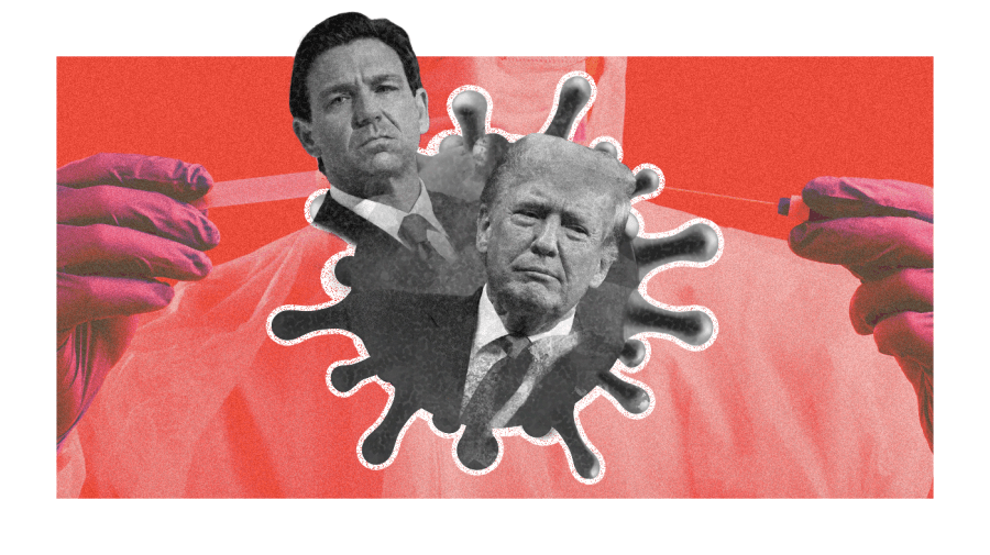 Photo illustration of Ron DeSantis and Donald Trump, center, inside a cutout of a coronavirus cutout shape in black and white; the cutout has a white chalk outline. Background is red with a semi-transparent image of a person wearing blue gloves and breaking out a test swab. Illustration has a white frame.