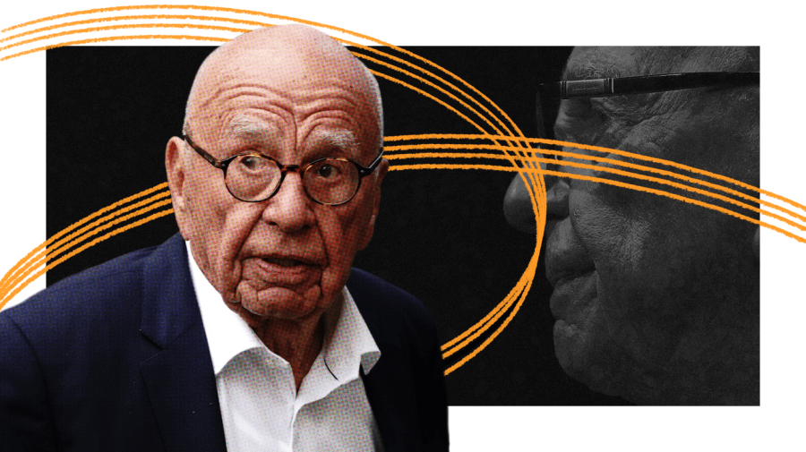 Photo illustration of Rupert Murdoch, left, in color with a halftone texture, over a black and white image of his face in profile with orange wave lines and a white border