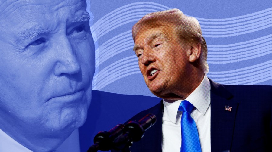 Photo illustration of Joe Biden (right, blue-toned close-up photo) and Donald Trump (left, in color and speaking into a microphone) over a textured light blue background with multiple light blue wave lines