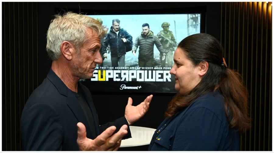 Sean Penn and Oksana Markarova attend the Superpower DC screening at MPA Screening Room on September 14, 2023 in Washington, DC. (Photo by Shannon Finney/Getty Images for Paramount+)