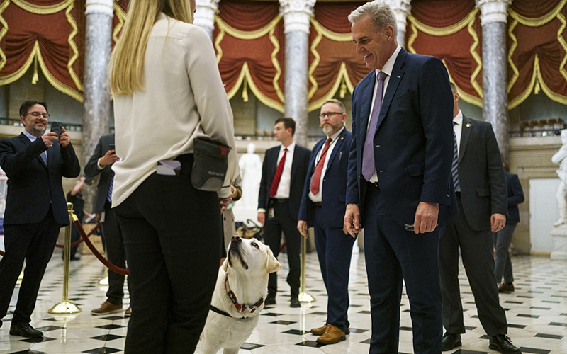 In the center of the image stands Speaker Kevin McCarthy (R-Calif.), who is smiling and looking down at a dog. The dog is light blond and looks like a Labrador retriever, and is looking up at the woman standing nearby.