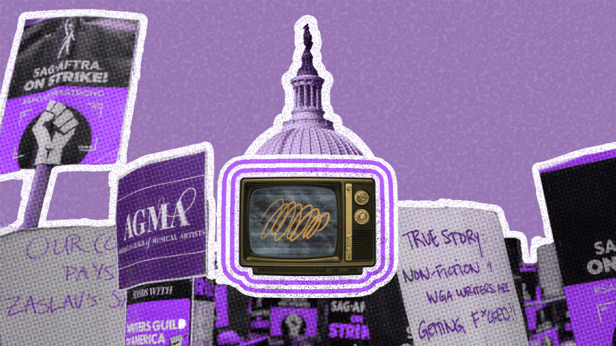 Photo illustration of old TV with static and alternating outlines of white and bright purple over a light purple background with WGA and SAG supporters; the Capitol is seen cutout in the background. Everything has a thick white outline