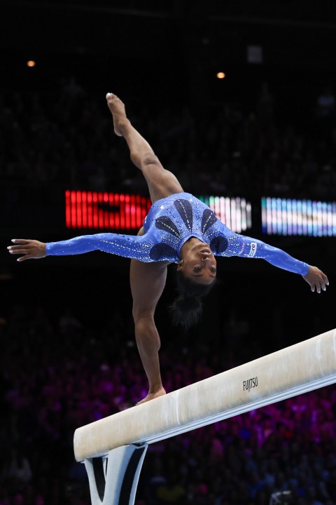 United States' Simone Biles competes on the beam during the women's all-round final at the Artistic Gymnastics World Championships in Antwerp, Belgium, Friday, Oct. 6, 2023. (AP Photo/Geert vanden Wijngaert)