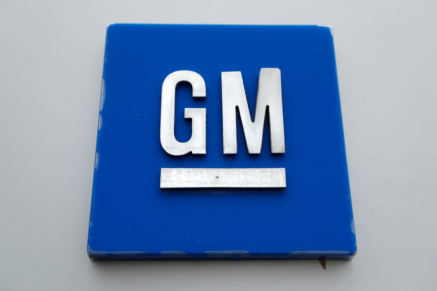 FILE - A logo of the General Motors is seen in Hamtramck, Mich., on Jan. 27, 2020. Auto workers walked off the job at three General Motors facilities in Canada early Tuesday, Oct. 23, 2023, after failing to reach agreement with the automaker. (AP Photo/Paul Sancya, File)