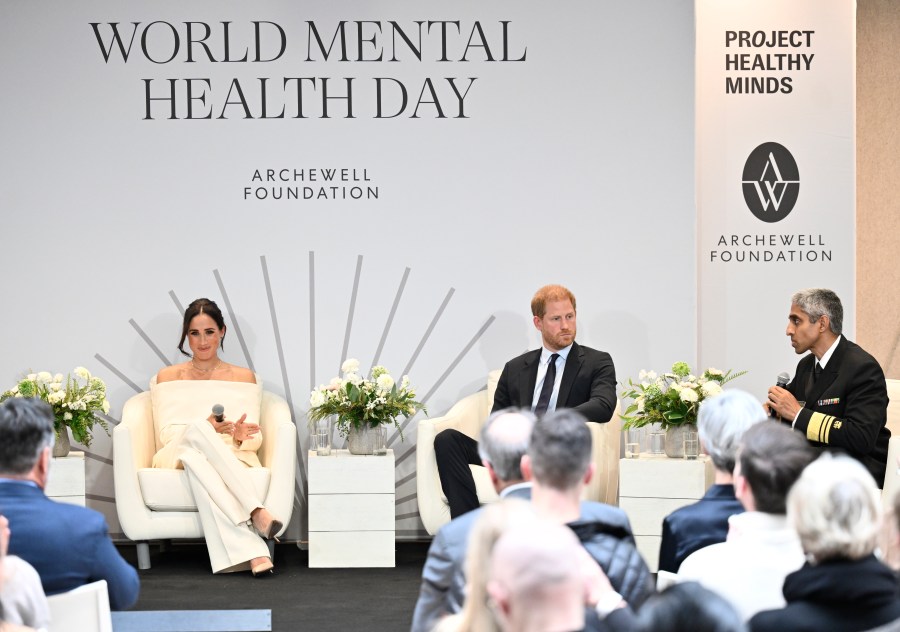 Meghan, Duchess of Sussex, from left, Britain's Prince Harry, The Duke of Sussex, and Dr. Vivek Murthy, U.S. Surgeon General, participate in The Archewell Foundation Parents' Summit "Mental Wellness in the Digital Age" as part of Project Healthy Minds' World Mental Health Day Festival on Tuesday, Oct. 10, 2023, in New York. (Photo by Evan Agostini/Invision/AP)