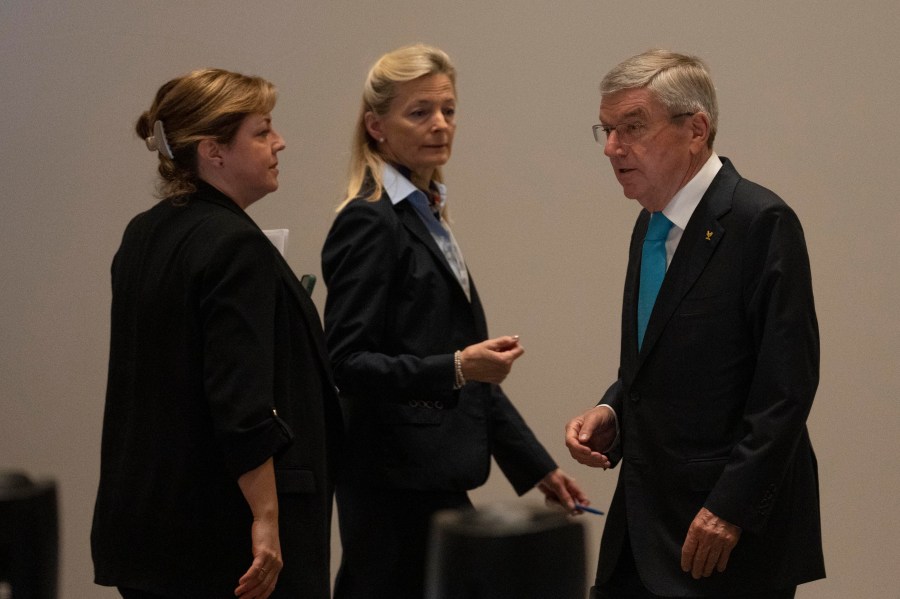 International Olympic Committee (IOC) president Thomas Bach arrives to attend on the first day of the executive board meeting of the IOC ahead of the upcoming 141st IOC session in Mumbai, India, Thursday, Oct. 12, 2023.(AP Photo/Rafiq Maqbool)