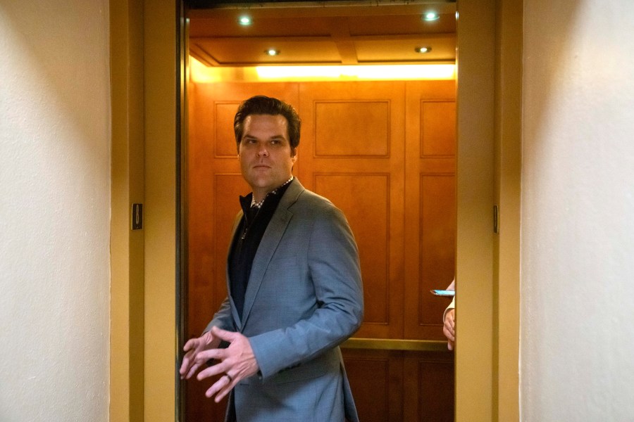 Rep. Matt Gaetz, R-Fla., steps into an elevator after a House Republican caucus meeting on Capitol Hill, Thursday, Oct. 12, 2023 in Washington. (AP Photo/Mark Schiefelbein)