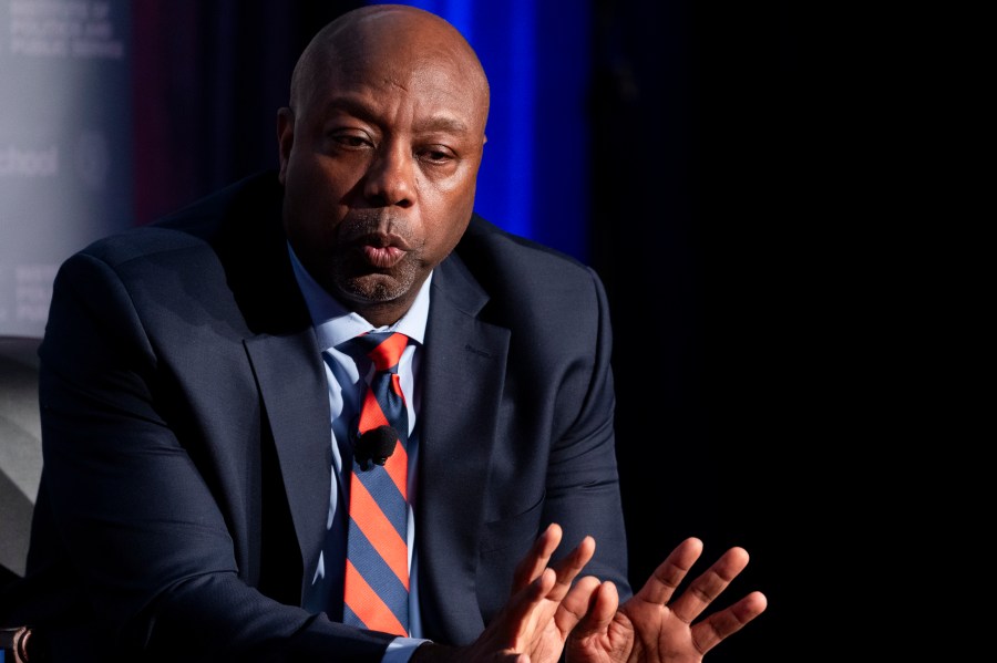 Republican presidential candidate Sen. Tim Scott, R-S.C. answers questions during an Associated Press 2024 GOP Presidential Candidates Conversations on National Security and Foreign Policy event, held in partnership with Georgetown University's Institute of Politics and Public Service, at Georgetown University in Washington, Monday, Oct. 16, 2023. (AP Photo/Stephanie Scarbrough)