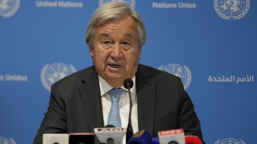 António Guterres speaks at a press conference ahead of the 2023 G20 Summit in India.