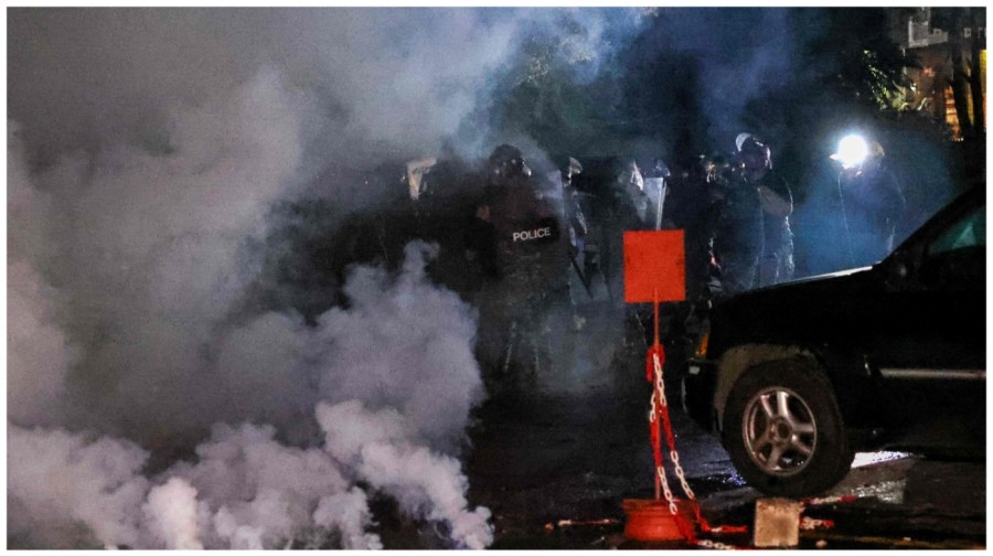 Lebanese security forces on October 18, 2023 secure the area outside the US Embassy after clashes with demonstrators during a protest in solidarity with the people of Gaza in Awkar, East of Beirut, after a strike on a hospital in the Gaza Strip, killing at least 200 people on October 17, 2023.