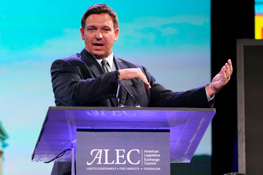 Florida Gov. Ron DeSantis speaks during the American Legislative Exchange Council Wednesday, July 28, 2021, in Salt Lake City. (AP Photo/Rick Bowmer)