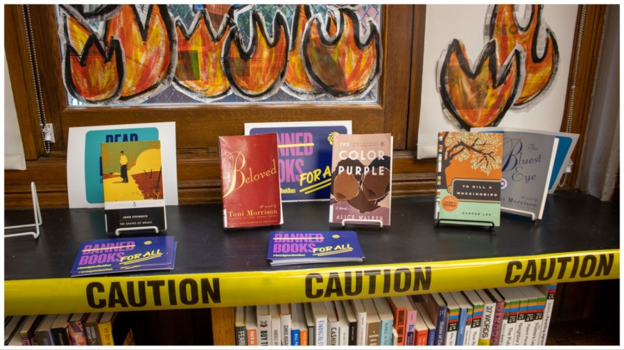 A Banned Books Week display is at the Mott Haven branch of the New York Public Library in the Bronx borough of New York City on Saturday, October 7, 2023. (AP Photo/Ted Shaffrey)