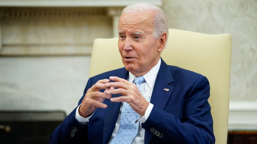 President Biden speaks in the Oval Office of the White House, Thursday, Oct. 5, 2023, in Washington.