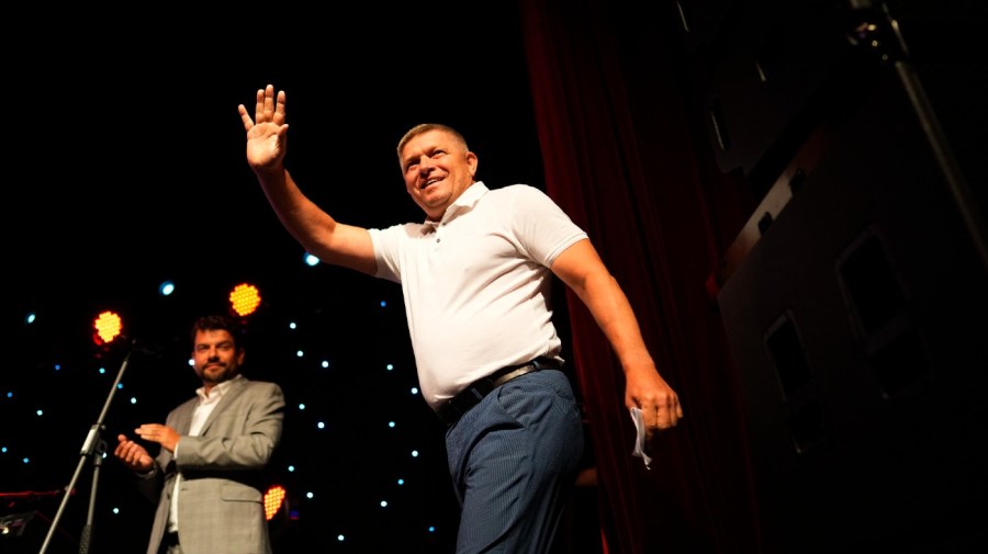 Former Slovak Prime Minister and head of leftist SMER - Social Democracy party Robert Fico waves to his supporters during an election rally in Michalovce, Slovakia, on Sept. 6, 2023.