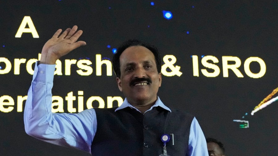 FILE- Indian Space Research Organization (ISRO) Chairman S. Somanath arrives to address the media after the successful landing of spacecraft Chandrayaan-3 on the moon, in Bengaluru, India, Wednesday, Aug. 23, 2023.